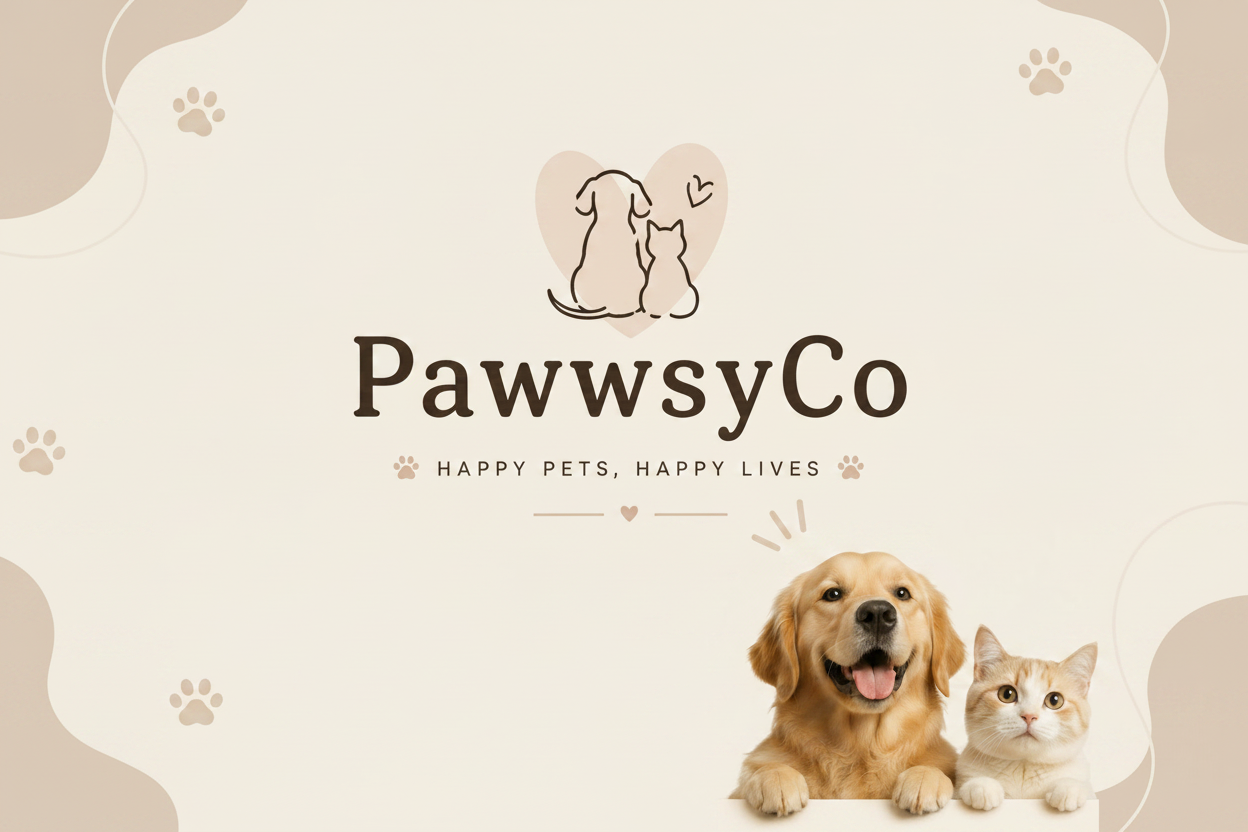 PawwsyCo logo with a dog and cat on a beige background
